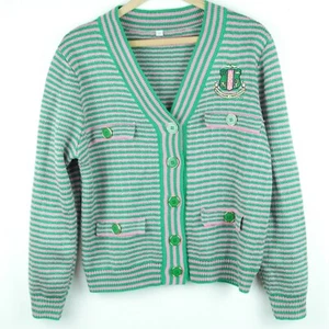 Women's Small Cardigan Sweater Preppy Stripe Embroidered Crest Country Club Pink - Picture 1 of 8