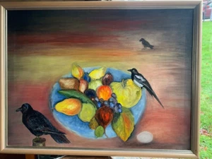 Ölgemälde Rabe Elster Krähe an Obstschale signiert Kramer 1982 - Bild 1 von 4
