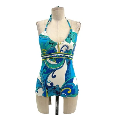 Trina Turk Ipanema Geometric Print Halter Swim Tankini Top White Blue Size US 6 - Image 1 of 4