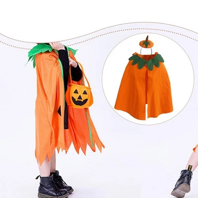 Kids Pumpkin Cloak with Hairhoop for Stage Performance Festival Pretend Play - Image 1 of 4