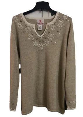 Suéter Quacker Factory 2XL Copos de Nieve Bordados Perla Adornos Tachuelas EC Foto 1 de 4