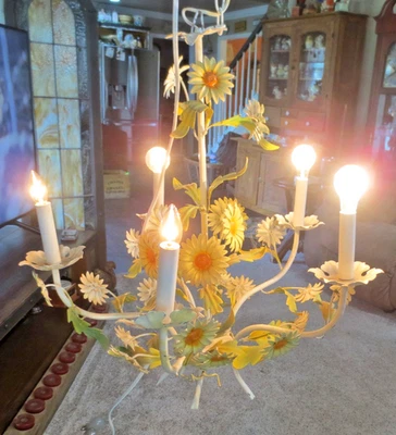 GORGEOUS VINTAGE Italian TOLE CHANDELIER Yellow Daisy Flowers 24 " tall - Image 1 of 4