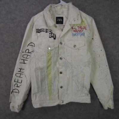 Chaqueta de mezclilla ZARA para hombre mediana blanca gráfica graffiti pintura salpicaduras envejecida Foto 1 de 4