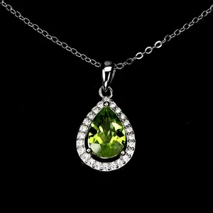 925 Sterling Silver Necklace Pear Peridot 10x7mm Natural Gemstone Jewelry 16in - Picture 1 of 14