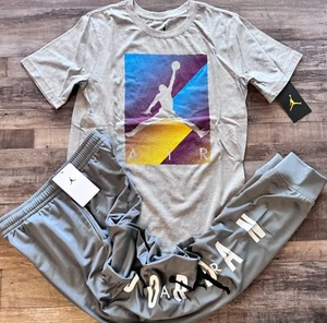 NWT Nike Air Jordan Boys YLG Gray/White/Burgundy/Black Jogger Pants Set Large - Picture 1 of 6