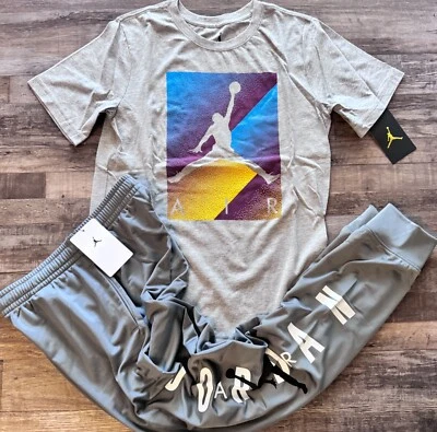NWT Nike Air Jordan Boys YLG Gray/White/Burgundy/Black Jogger Pants Set Large - Image 1 of 4
