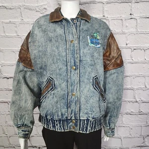 Chaqueta de lavado con ácido de mezclilla vintage SBII Bitterman con borde de cuero, para mujer XL - Imagen 1 de 11
