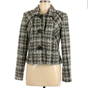 CAbi Blazer Wool Abstract Houndstooth Plaid Tweed Faux Leather Trim #630 Sz M - Picture 1 of 12