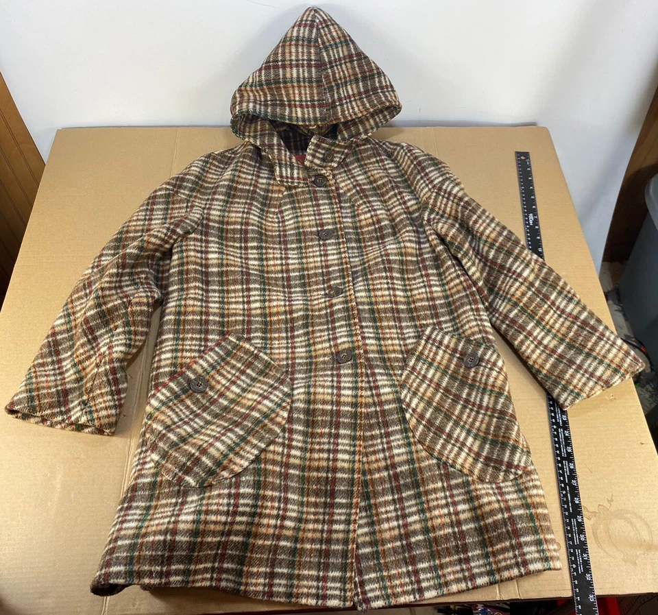 Винтажный 60-х 70-х годов женщин шерстяная смесь с капюшоном зимнее пальто куртка хиппи фланель клетку - Изображение 1 из 4