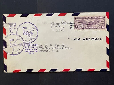 1931 20th Anniversary of airmail first flight Mineola NY with cachet - Image 1 of 2