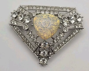 Vintage Art Deco Style Brooch Silver Tone Rhinestones Marbled Stone Signed SI - Picture 1 of 10