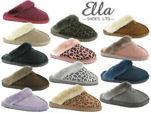Ladies Ella Slippers Luxury Memory Foam Faux Fur Lined Outdoor Sole Soft Mules