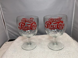 PEPSI COLA Glass THUMBPRINT FOOTED GOBLET MUG Red Swash Logo 1970s Pedestal PAIR - Picture 1 of 8