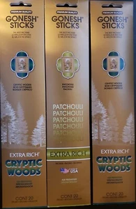 Gonesh Incense Sticks Cont 20 Premium Quality Cryptic Woods/Patchouli Lot of 3 - Picture 1 of 2