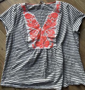 BODEN Embroidered Top Short Sleeve 100% Cotton Size US 18 Striped Boho EUC
