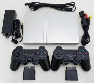 2 CONTROLLERS Sony PS2 PlayStation 2 Slim SILVER Game Console Bundle System - Picture 1 of 5
