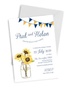 Personalised SUNFLOWERS WEDDING Invites Pack of 10 with envelopes A6 - Picture 1 of 9