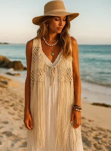 Boho Crochet Fringe Vest Women’s Festival Top Handmade Macrame Open Knit Hippy L - Picture 1 of 24