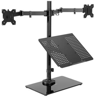 VIVO Laptop and Dual Monitor Desk Stand w/ Glass Base, Fits 32" Computer Screen - Image 1 of 4