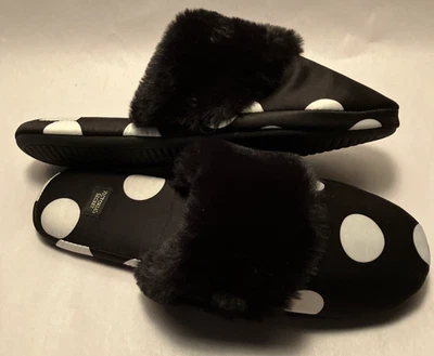 New Victoria’s Secret Women M Black/White Polka Dot Faux Fur Trim Slide Slippers - Image 1 of 4