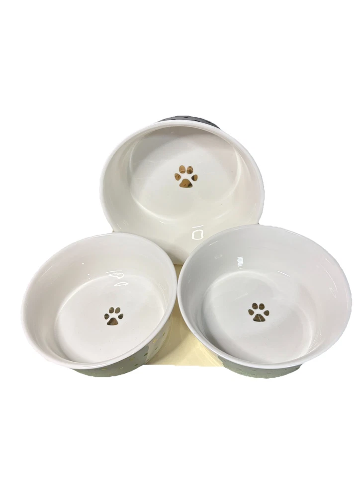 3 Fido's Diner Gold Polka Dot Trim & Paw Print Porcelain Stoneware Pet Bowls - Image 1 of 4