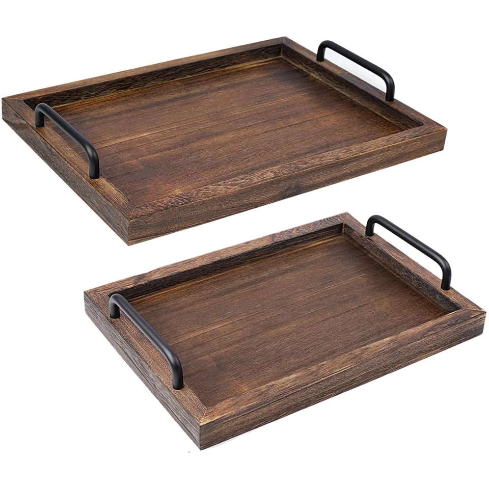 Libwys Rustic Wooden Serving Trays With Handle Decorative Nesting Food Platte...