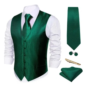 Men Emerald Green Plaid Waistcoat with Tie Cufflinks Pocket Square Vest Set W... - Picture 1 of 7