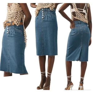 Anthropologie Pilcro Denim Jean Midi Skirt Raw Hem Pleated Buttons Size 4 NEW - Picture 1 of 11