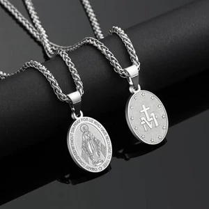 Virgin Mary Necklace for Men Miraculous Medal Stainless Steel Mary Mother of God - Picture 1 of 6