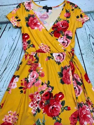 Summer Spring Short Sleeve Wrap V Neck Floral Short Party Dress Yellow - Imagem 1 de 2