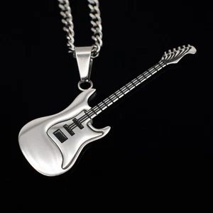 Electric Guitar Pendent Necklace - Silver, Stainless Steel with Chain, Men/Woman - Picture 1 of 9