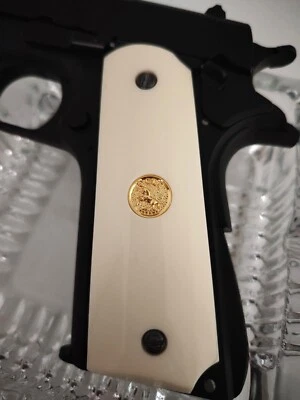 Colt bonded ivory 1911 grips gold metal medallion Government Commander full size