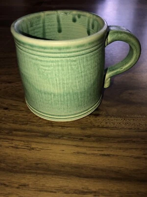 2007 Winona Lake Pottery Art Mug 3” High W/ Sea foam Green Drip Glaze Indiana - Image 1 of 4
