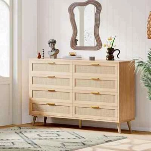 8 Drawers Dresser for Bedroom Rattan Chest of Dressers Modern Wooden - Picture 1 of 8