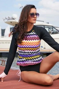 Women Drawstring Hem UV Sun Protection UPF 50+ Zigzag Rash guard Swimsuit Top - Picture 1 of 10