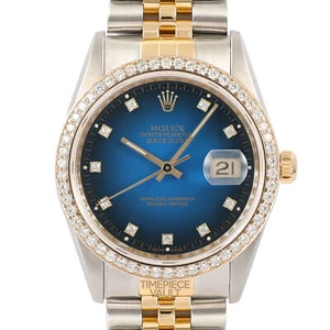 ROLEX DATEJUST 16233 18K GOLD/SS 36MM FACTORY BLUE OMBRE DIAL DIAMOND BEZEL-B&P - Picture 1 of 10
