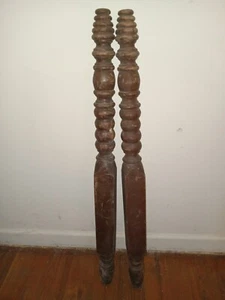Vintage 2 Wooden Architectural Salvage Ornate Brown Turned Bed Posts 40" Tall - Picture 1 of 5