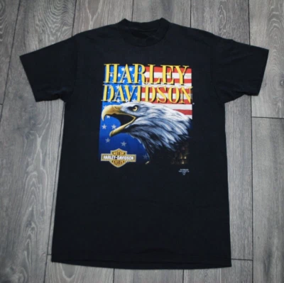VINTAGE 3D EMBLEM HARLEY DAVIDSON 1991 T SHIRT BLACK AMERICAN FLAG BALD EAGLE S - Image 1 of 4