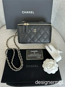 MIB 100%AUTHENTIC CHANEL Classic Black Grained Leather Long Vanity Bag on Chain - Picture 1 of 24