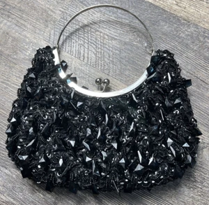 Bolso Cartera Vintage Jet Negro Lágrima Cuentas Cóctel Noche Novia Aleta - Imagen 1 de 9