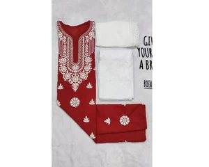 Lucknowi Red Cotton Kurti Women Chikan Dress Embroidery A-Line Straight Kurta - Picture 1 of 5