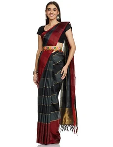 Women Cotton banarasi silk Saree With Unstitched Blouse & Embroidery Belt Black - Picture 1 of 2