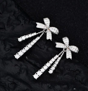 Luxury Ribbon Bow Design Pave Set Lab-Created Diamonds Fine Drop-Dangle Earrings - Picture 1 of 6