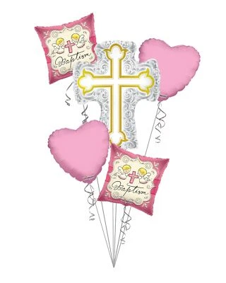 Baby Girl Christening, Baptism Silver & Gold Cross Balloon Bouquet (5 Balloons)  - Image 1 of 4