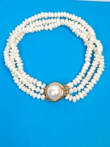 Vintage Three Strand Rice Pearl/Silver Clasp & Baroque Pearl Bracelet 8.5 inches - Picture 1 of 5