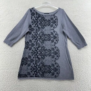 White House Black Market XL Gray Black Lace Pattern Knit LS Sweater Dress - Picture 1 of 11