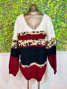 Brandneu Burgandy Leopard Colorblock Pullover Größe Large Modern Chic - Bild 1 von 1