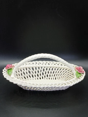 Levante Style White Hand Basket Open Weave With Pink Flowers Cover