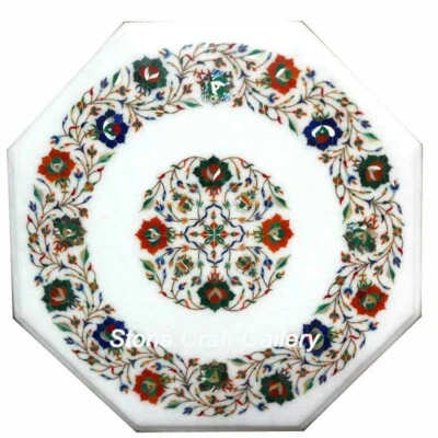 18" White Marble Corner Side Table Top inlay semi precious stones Handmade work - Image 1 of 2