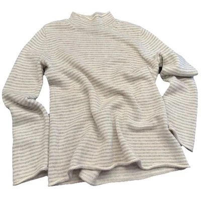 Suéter feminino J Crew L cinza marfim listrado lã cashmere mistura gola alta casual - Imagem 1 de 4